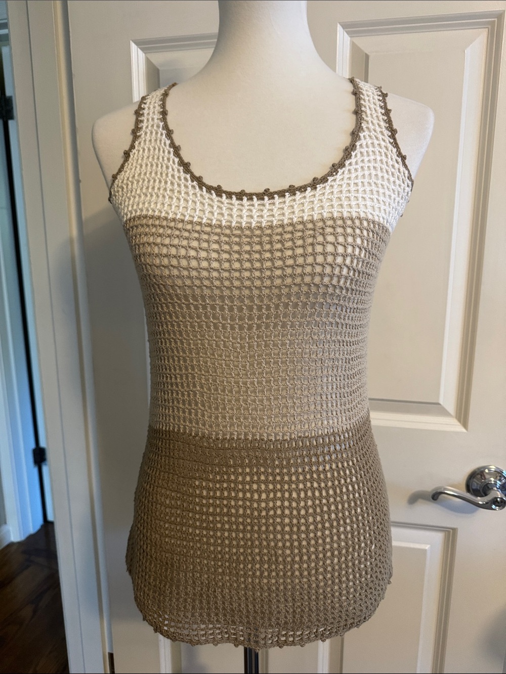 Tommy Bahama Cream and Tan Open-Knit Scoop Tank